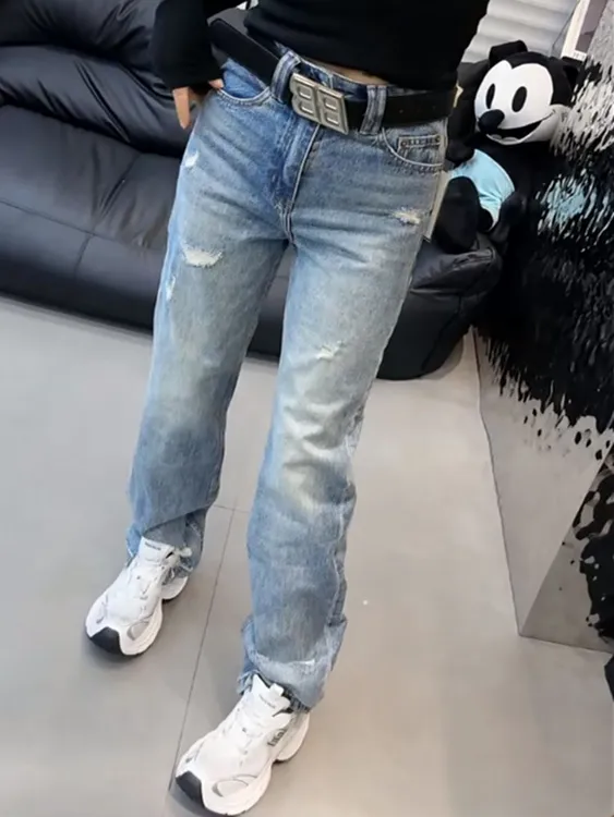 女装秋季新款梨型身材破洞窄版直筒裤微胖mm高腰显瘦阔腿裤百搭