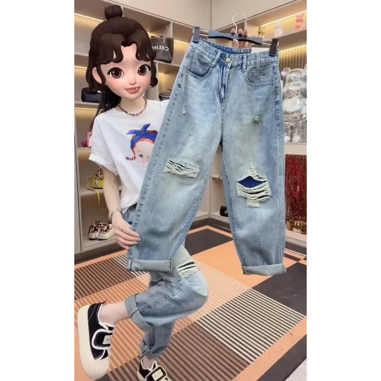 格洛森夏季新款梨形身材哈伦老爹裤大码假破洞宽松显瘦遮肉牛仔裤