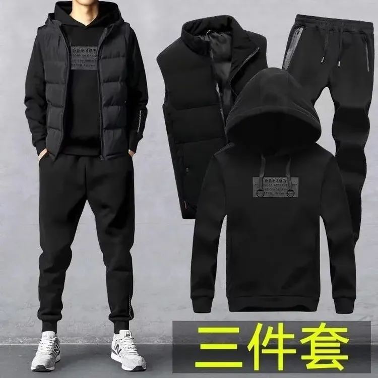 三件套春秋季连帽男士马甲大码潮流裤时尚保暖韩版百搭休闲套装男