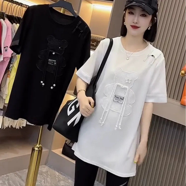 休闲宽松显瘦T恤小熊盘扣大衫夏季洋气减龄百搭圆领中长款短袖