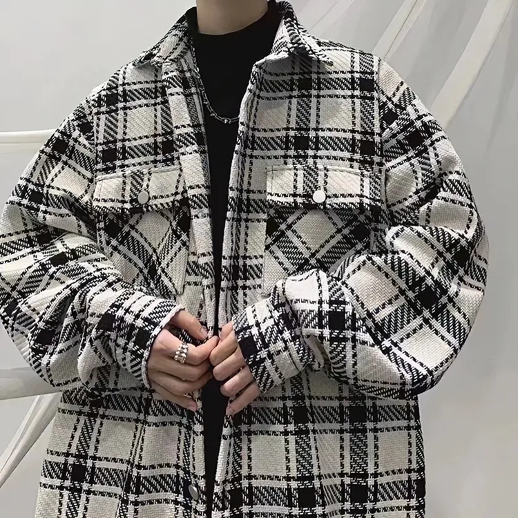 小香风格子外套男ins潮高级感粗花呢衬衫痞帅翻领vintage工装夹克