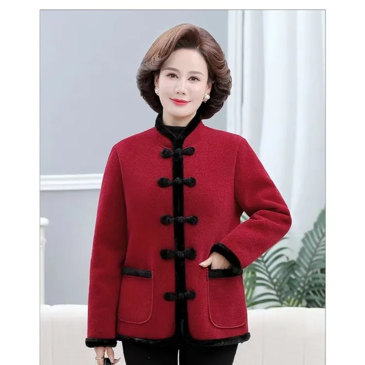 妈妈装冬装民族风加绒ins保暖外套新款中老年女中国风盘扣棉服