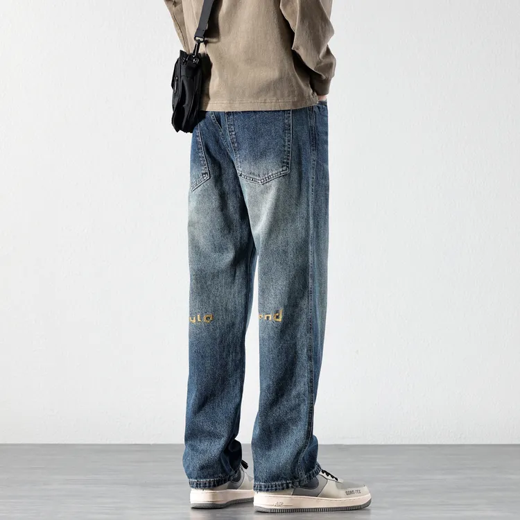 牛仔裤男士男款春秋新款宽松水洗直筒长裤子潮牌刺绣阔腿男裤痞帅