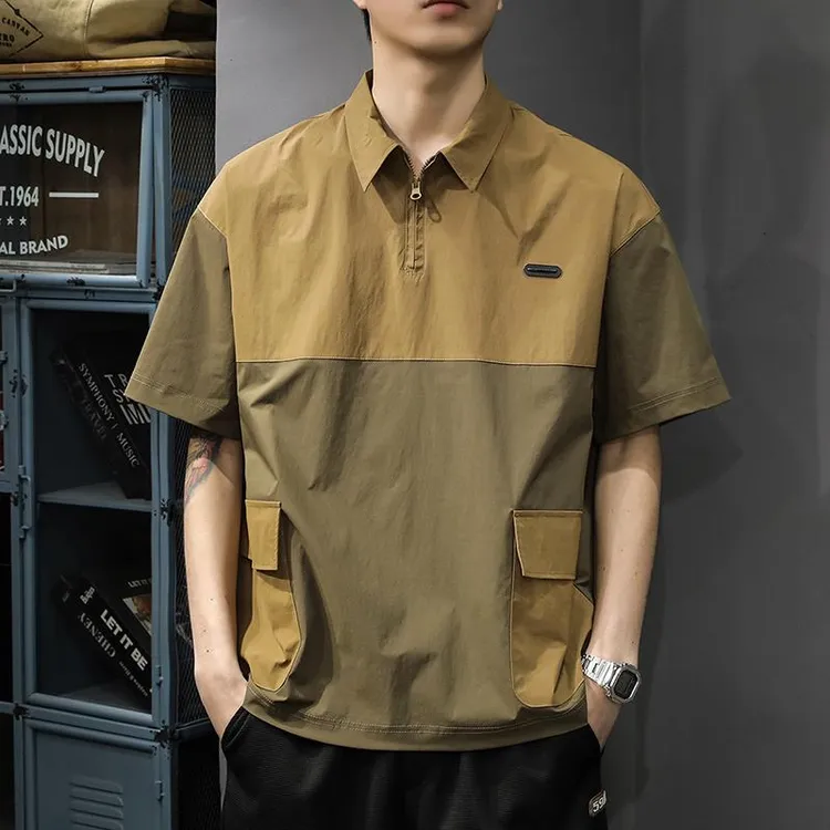 美式复古双拼色短袖polo衫男宽松爆款多口袋翻领体恤夏季速干半袖