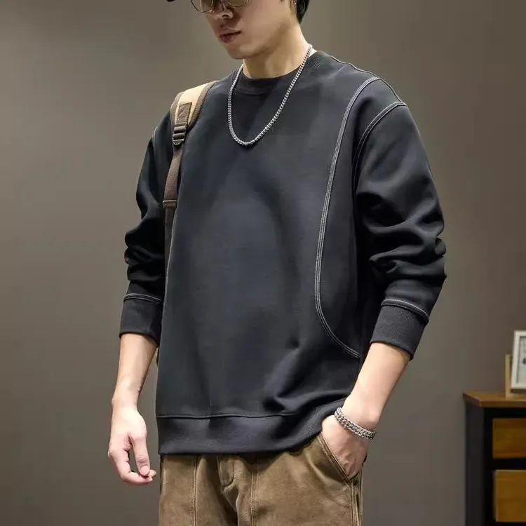 设计感辑明线圆领卫衣男士秋季宽松套头无帽衫400g重磅长袖上衣服