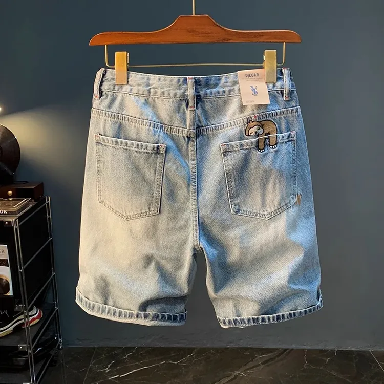 夏季休闲短裤男爆款浅色纯棉五分牛仔裤潮流刺绣高端男士直筒中裤