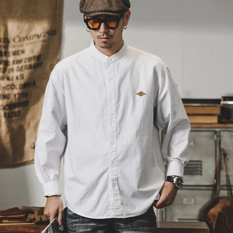 美式简约白色立领衬衫男秋季新款男士工装长袖外套宽松休闲衬衣潮