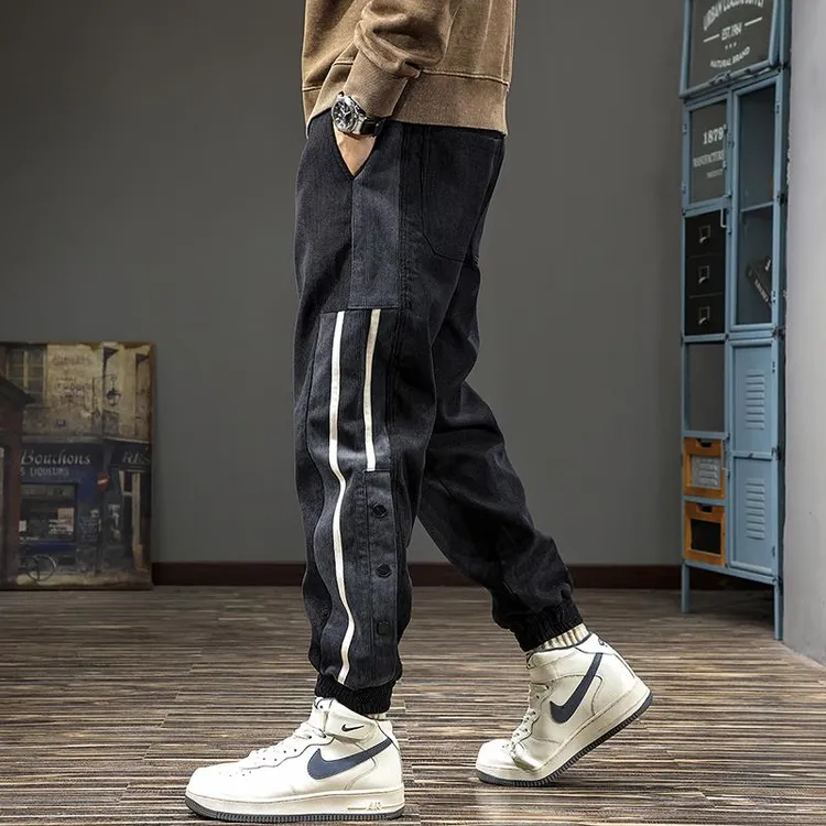 春秋新款拼接条纹束脚休闲裤男美式潮流工装裤宽松哈伦运动裤百搭