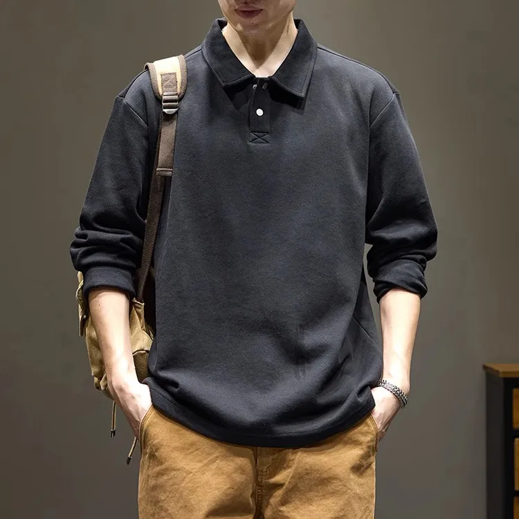 美式重磅长袖polo衫男士宽松休闲翻领t恤秋季纯色简约百搭打底衫