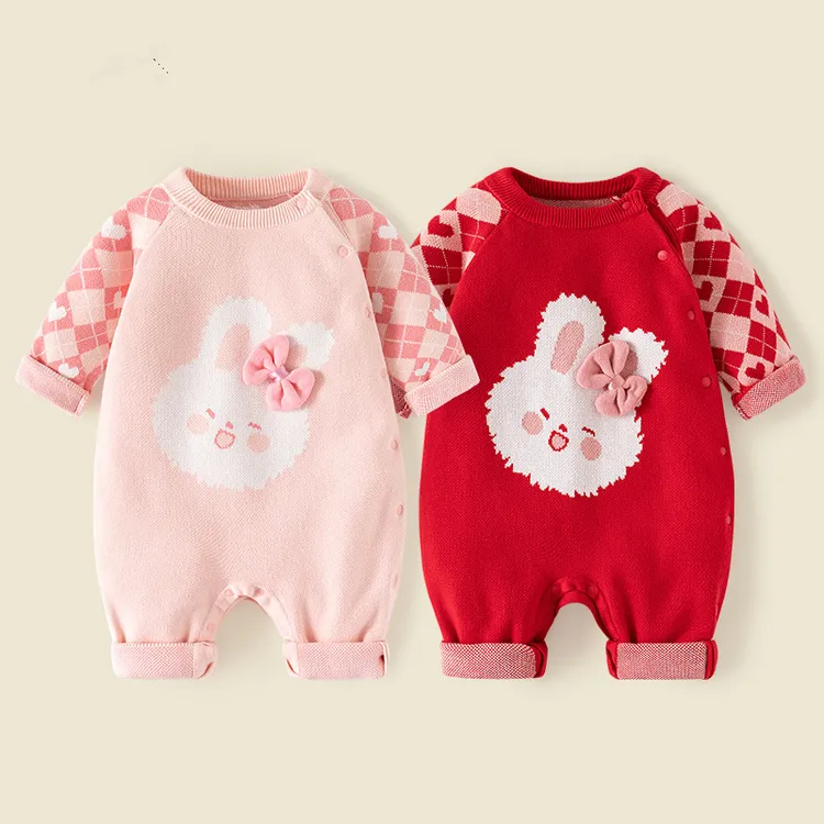 婴儿针织连体衣秋冬新款生儿纱衣女宝宝毛线衣洋气满月爬爬服外穿