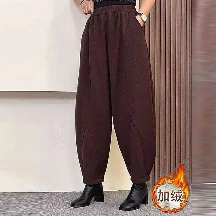 大码2024冬季新款时尚纯色加绒哈伦裤洋气松紧腰加厚显瘦南瓜裤潮