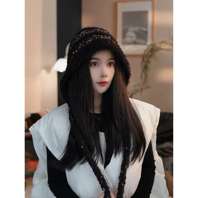 ins彩虹糖豆~甜美流苏毛绒帽子冬天女2024新款秋冬百搭包头帽