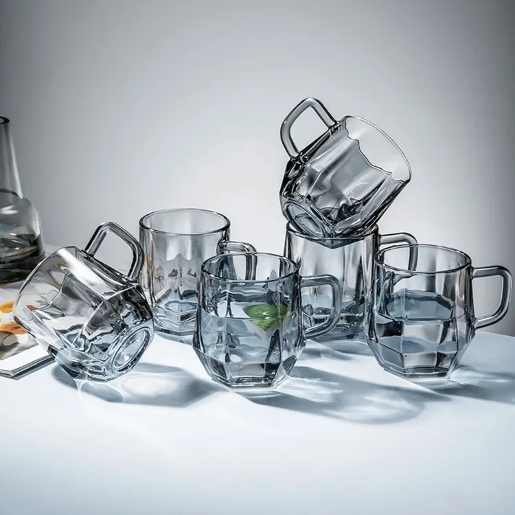 轻奢风玻璃杯简约六角杯创意家用把手杯喝水杯耐热玻璃杯套装