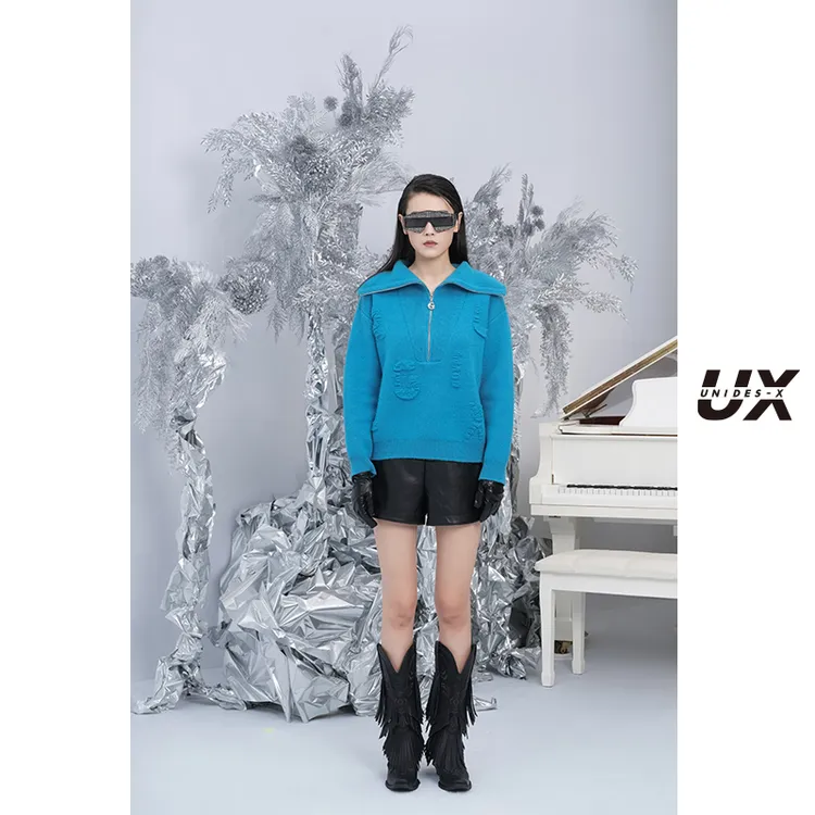【刘芸同款】UX冬新款设计感欧美ins风破坏POLO领湖蓝色毛针织衫女