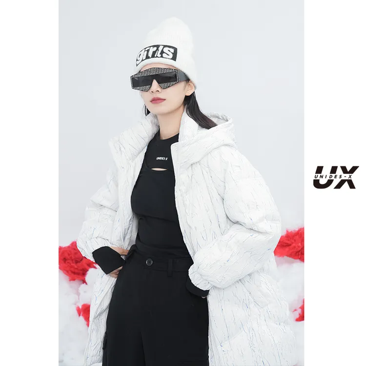 UX冬新款树皮纹面料中长款羽绒服白色加厚保暖鸭绒外套