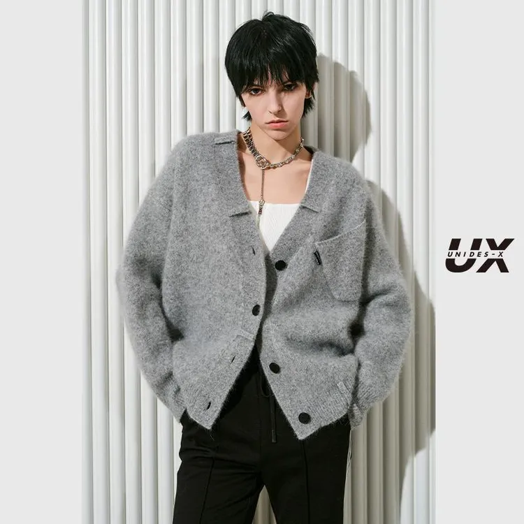 UX冬季新款灰色斜口袋毛衫针织开衫女