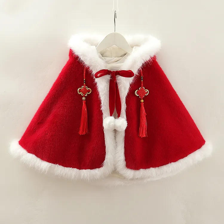 女童新款加绒斗篷披风连帽女宝宝国潮保暖冬季加厚红色包被拜年服