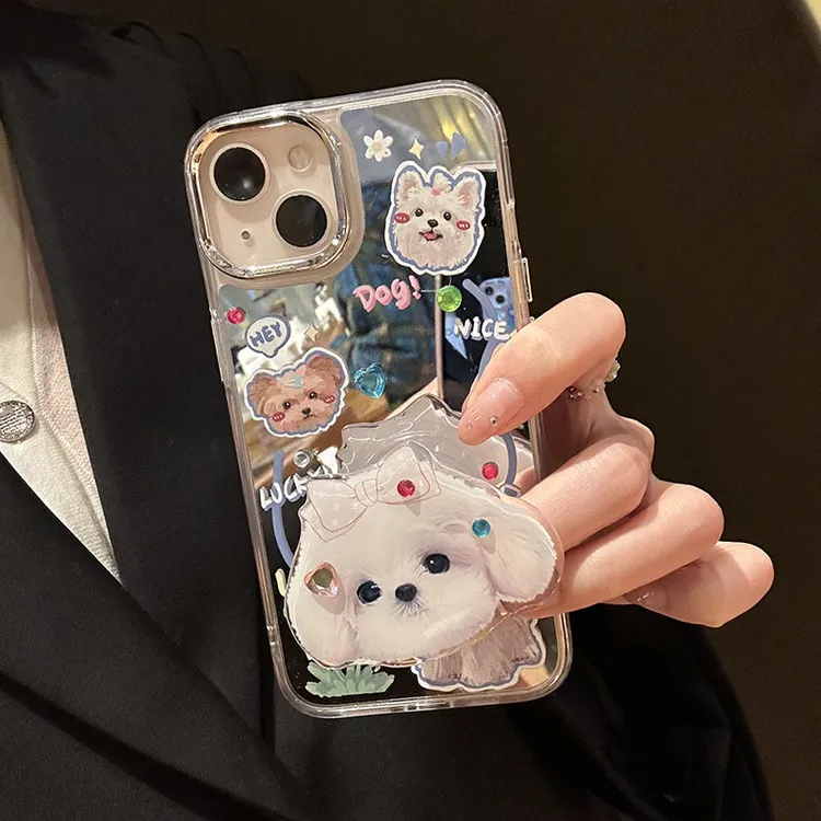 卡通镜面发夹修勾可爱适用苹果14iphone13手机壳支架12promax女