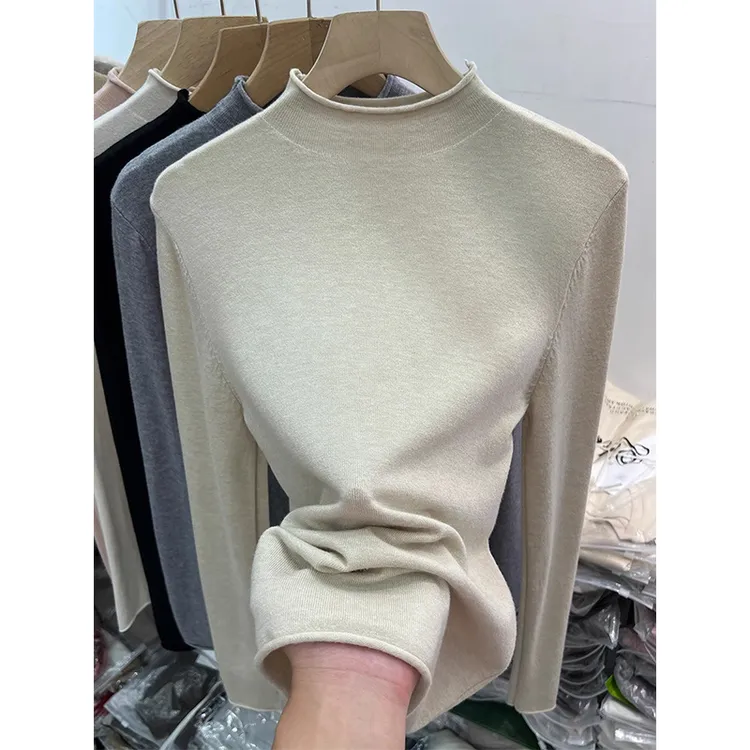 燕麦色半高领内搭上衣女2025春季气质卷边针织毛衣修身百搭打底衫