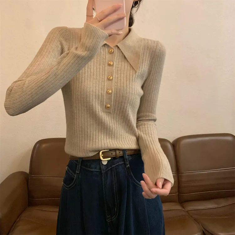 独特polo领金属扣针织上衣女秋冬洋气坑条打底衫气质简约内搭毛衣
