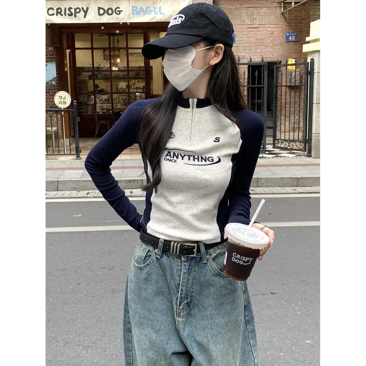 半高领拉链上衣女插肩袖长袖T恤2025春季修身辣妹刺绣撞色打底衫