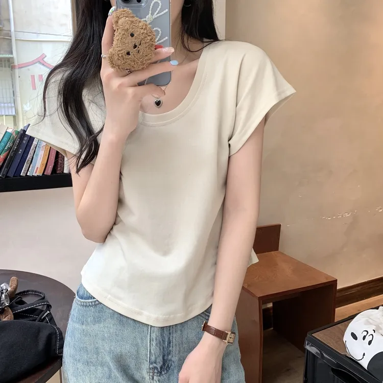 2025新款高级感法式U领锁骨t恤女百搭慵懒薄款宽松打底小飞袖上衣