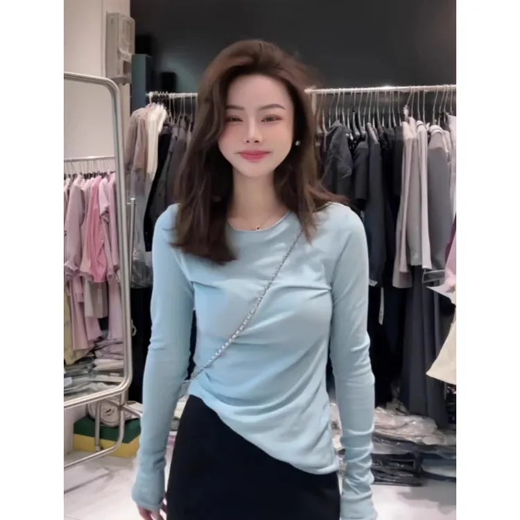 日韩休闲圆领卷边薄款防晒罩衫女2025春季减龄洋气修身长袖打底衫