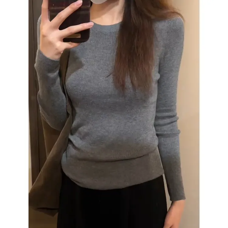 软糯针织内搭上衣女2025春季松弛感简约韩版小个子灰色长袖打底衫
