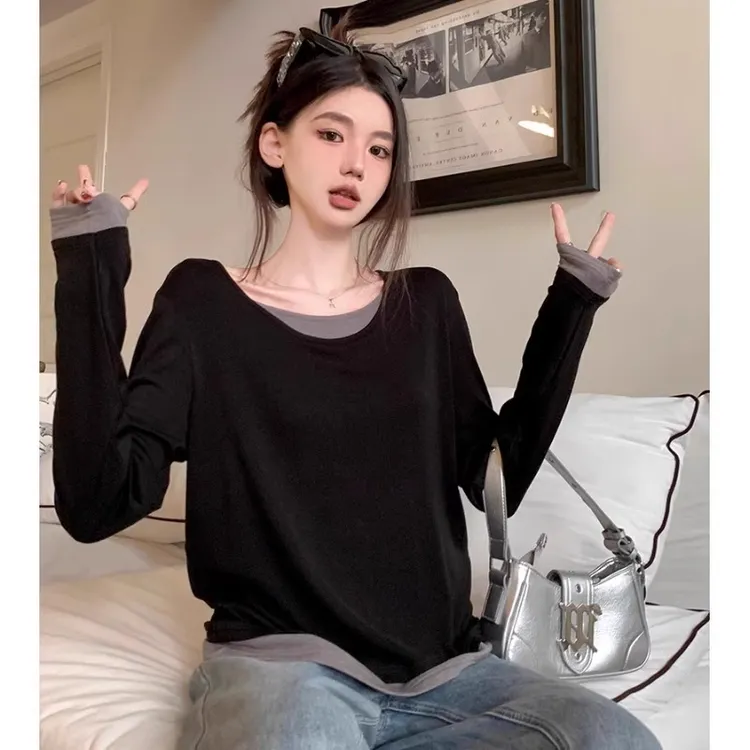 独特假两件上衣女2025春季撞色拼接chic打底衫韩版宽松长袖T恤潮