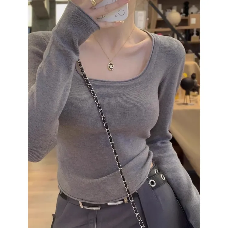 方领露锁骨打底衫女2025年春季卷边修身小个子短上衣内搭针织毛衣