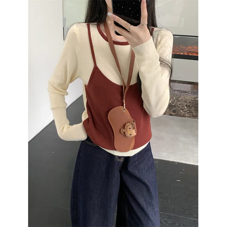 独特假两件针织毛衣女2025春季撞色拼接长袖打底衫洋气减龄上衣潮