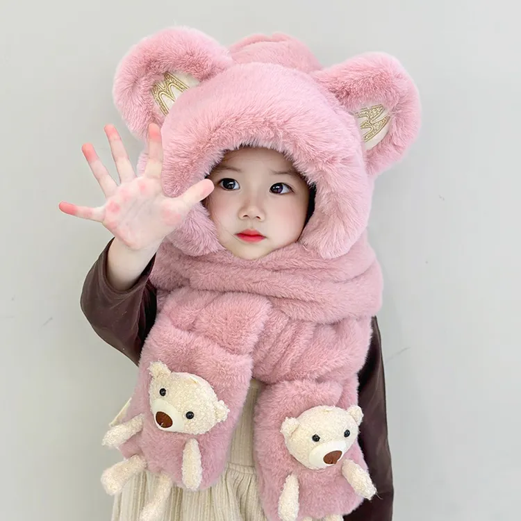 儿童帽子冬季男女童保暖加绒护耳帽围巾手套一体帽加厚宝宝连体帽