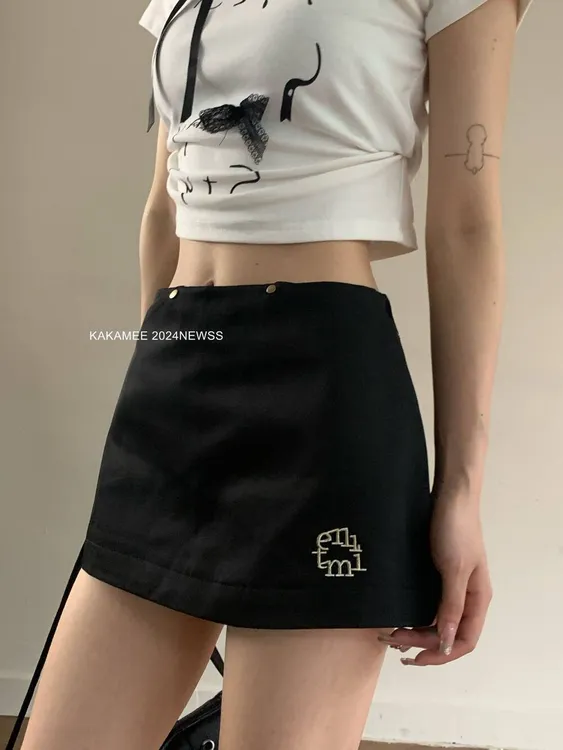 辣妹黑色刺绣半身裙女高腰显瘦防走光裙子百搭韩版夏季a字短裙子