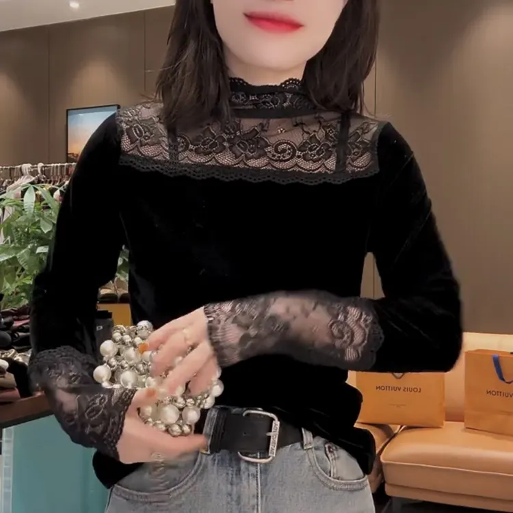 欧式蕾丝拼接高领打底衫长袖显瘦时尚上衣