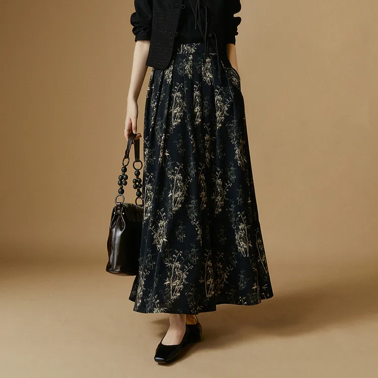 晚白【新品】印花长裙A字半身裙24061433