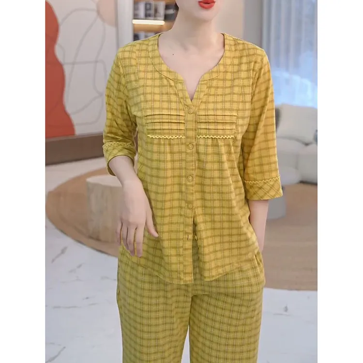 睡衣女春秋夏季纯棉大码春夏薄款女士夏天七分袖九分裤套装家居服