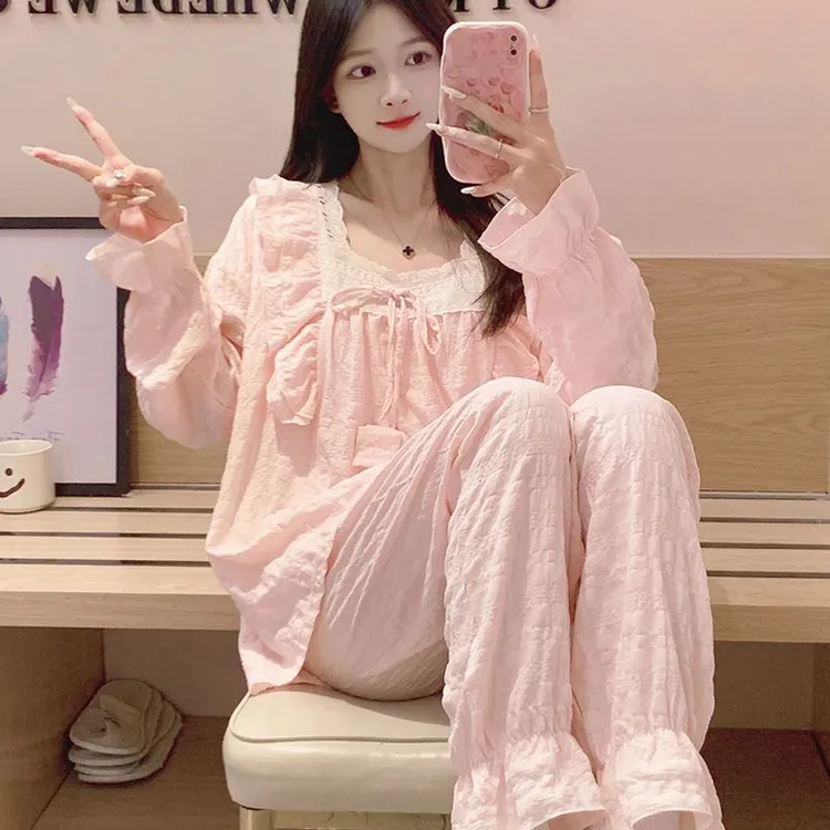 睡衣女春秋款长袖冬季新款公主风可爱外穿蝴蝶结家居服套装女1027