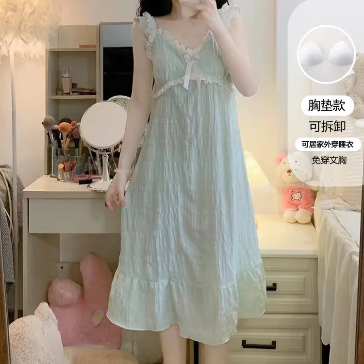 【星】法式V领甜美吊带睡裙女款夏季仙女风带胸垫中长款居家裙3034