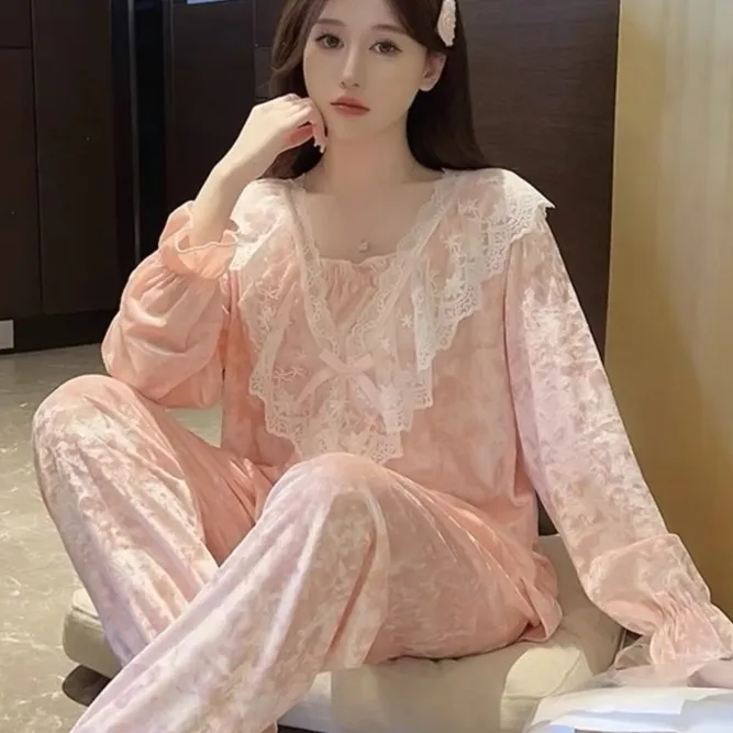 公主风睡衣春秋季蕾丝宫廷风家居服秋冬季两件套可外穿6014