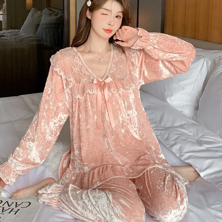 睡衣女春秋性感长袖套装蕾丝甜美女士秋冬可外穿家居服4026