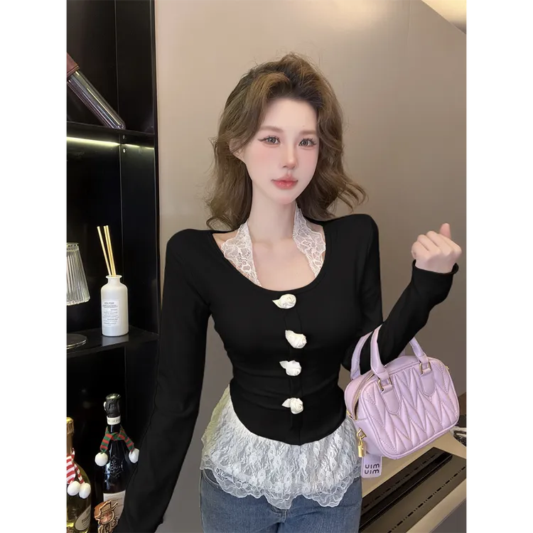 冬季时尚绝美百搭女装圆领拼接蕾丝假两件立体花朵荷叶边设计上衣