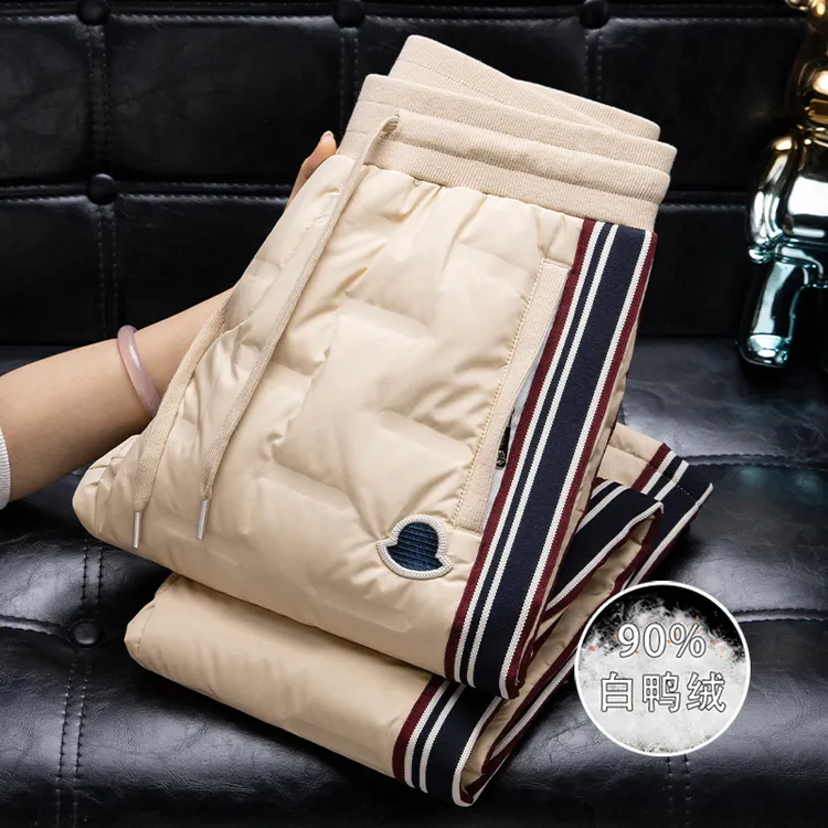 深冬户外防风防水保暖白鸭绒羽绒裤男士潮牌刺绣修身直筒休闲裤