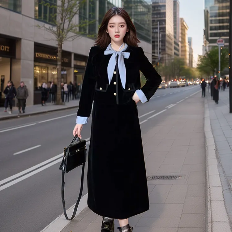 奢姿【清雅颂】大码女装2024冬季减龄蝴蝶结系两件套胖妹妹时尚套装