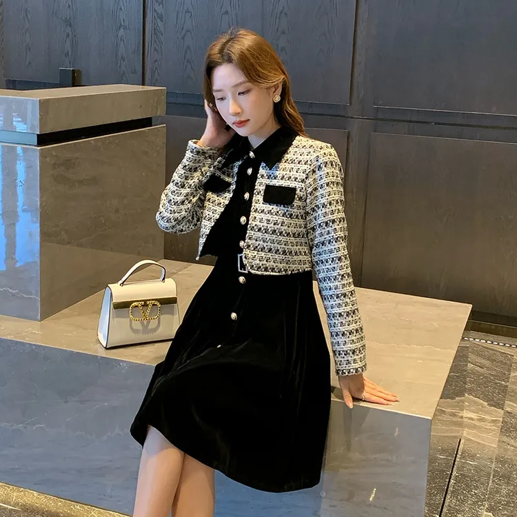 【奢姿】2024秋冬季新款大码女装气质裙子胖妹妹法式假两件连衣裙
