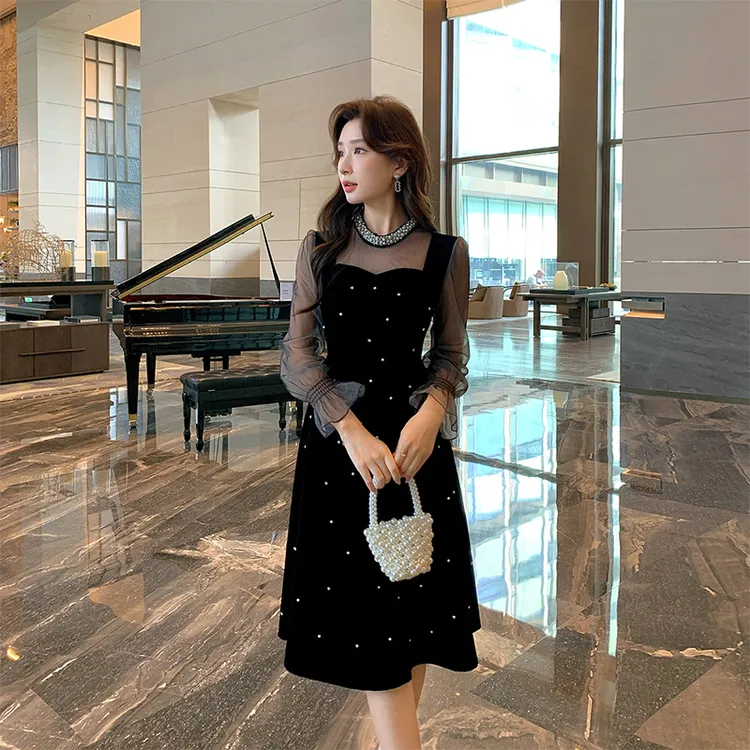 【奢姿】2025年秋季新款大码女装钉珠立领裙子胖妹妹拼接气质连衣裙