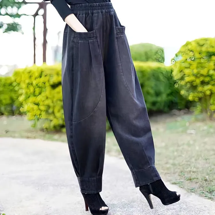 2025秋冬新款牛仔灯笼裤哈伦裤松紧高腰胖妈妈宽松大码休闲裤时尚