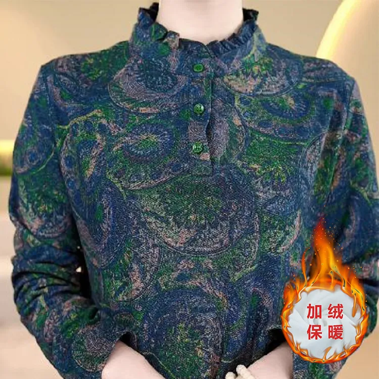 弹力针织衬衫秋冬新款加绒保暖打底衬衣洋气印花气质显瘦妈妈上衣