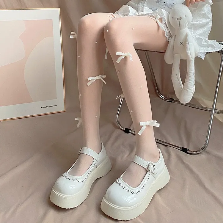 白色洛丽塔连裤袜甜美蝴蝶结公主风丝袜女春夏lolita