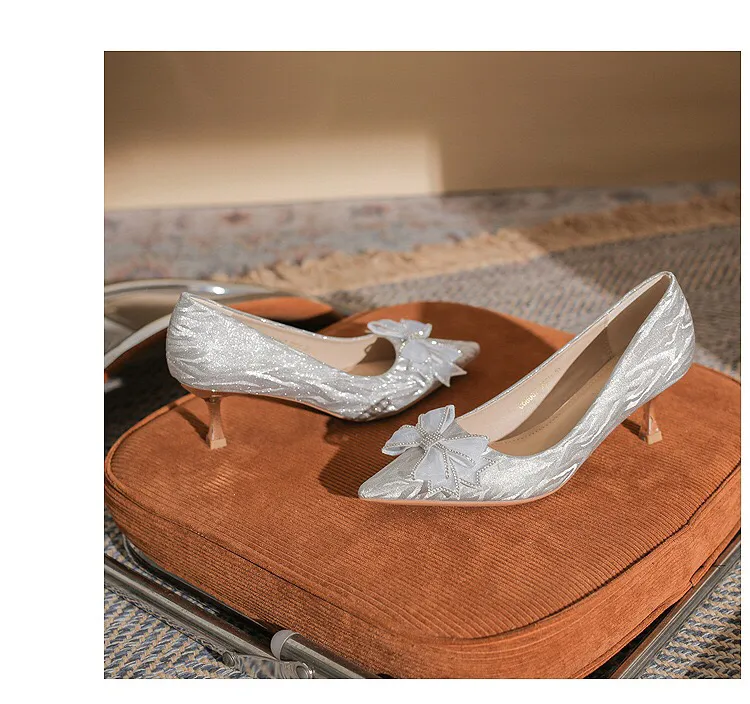 蝴蝶结尖头细跟浅口高跟鞋2024年新款法式水钻水晶晚宴鞋女不累脚