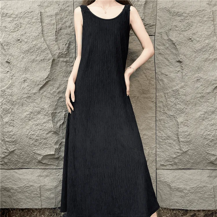 【宽肩吊带裙】内搭背心裙压皱黑色宽肩带时尚宽松连衣裙吊带连衣群